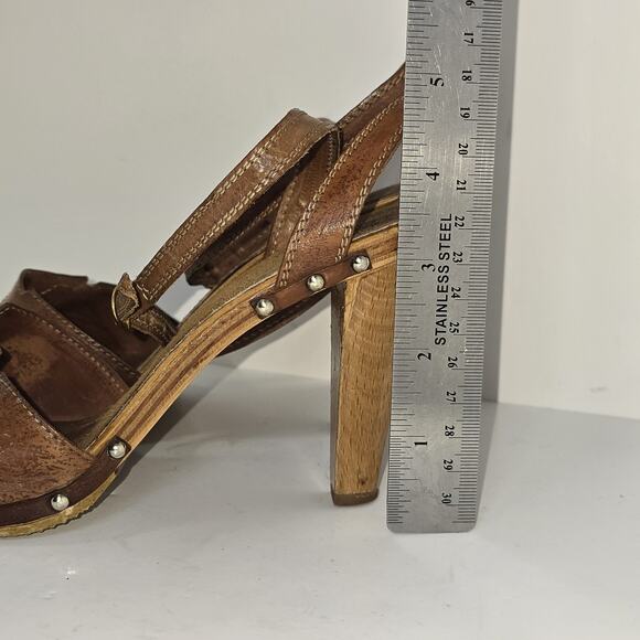Vintage Italian Leather Wooden Heel Slingback Clog Sandals Studded Brown Size 7 - Picture 3 of 10